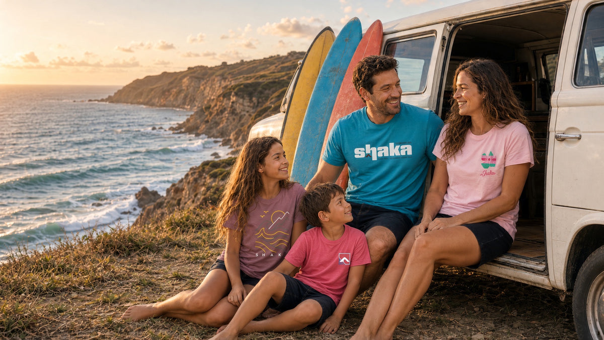 Family in Shaka shirts sitting by a van at sunset